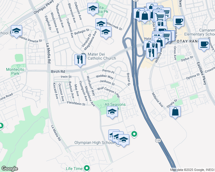 map of restaurants, bars, coffee shops, grocery stores, and more near 1827 Wolf Canyon Loop in Chula Vista