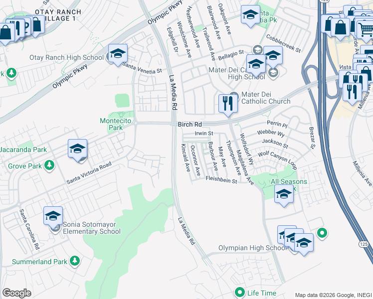 map of restaurants, bars, coffee shops, grocery stores, and more near 1674 Kincaid Avenue in Chula Vista