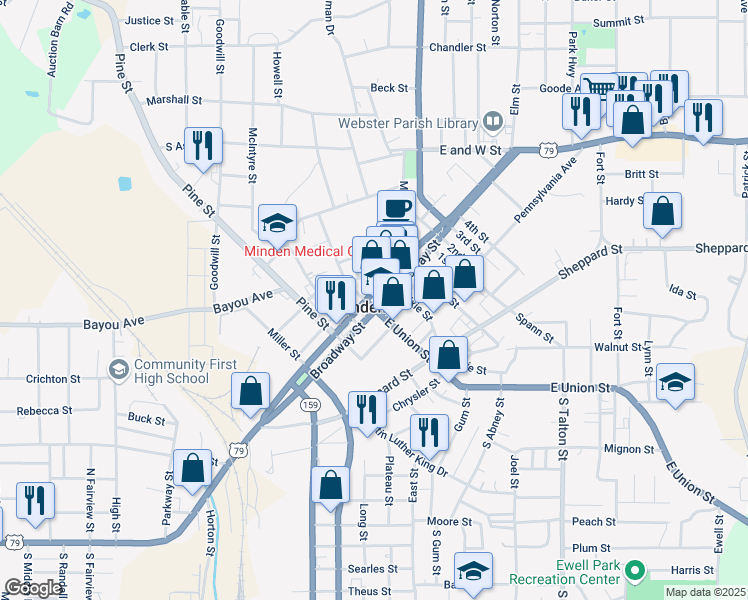 map of restaurants, bars, coffee shops, grocery stores, and more near 704 Main Street in Minden