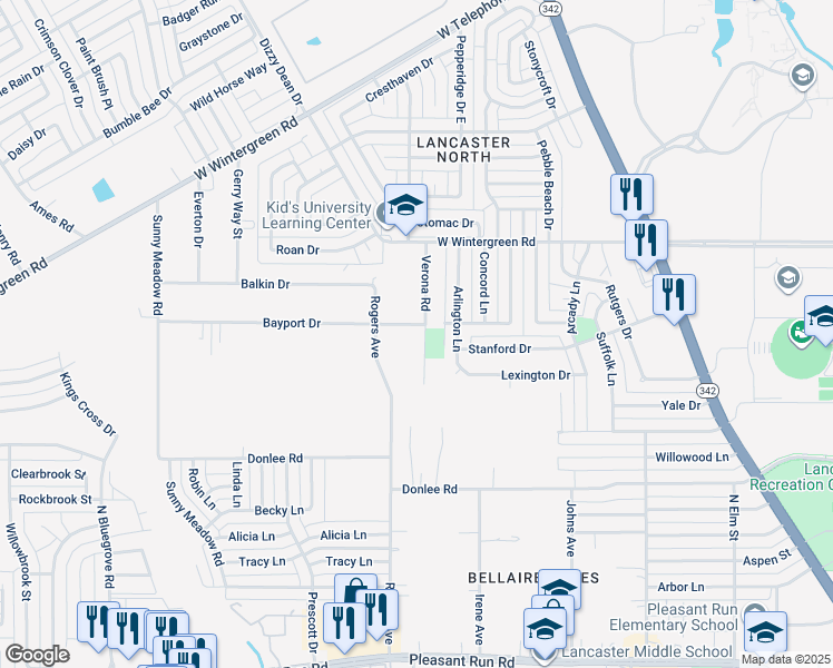 map of restaurants, bars, coffee shops, grocery stores, and more near 2395 Verona Road in Lancaster