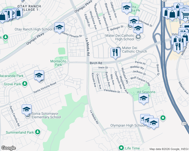 map of restaurants, bars, coffee shops, grocery stores, and more near 1674 Kincaid Avenue in Chula Vista
