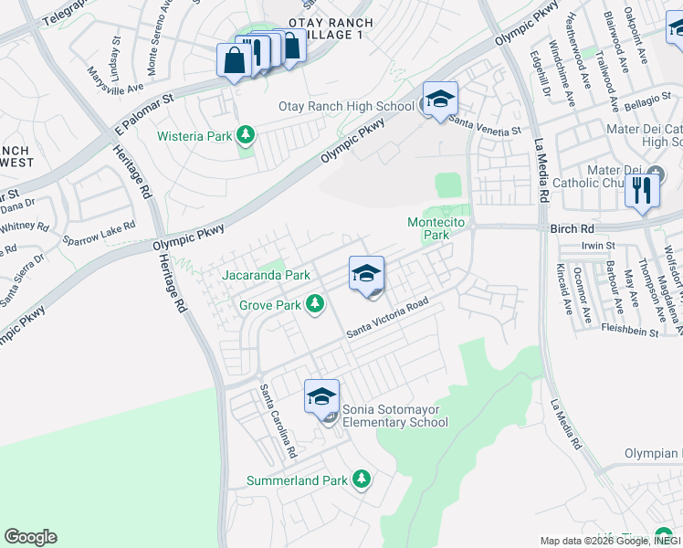 map of restaurants, bars, coffee shops, grocery stores, and more near 1387 Pershing Road in Chula Vista