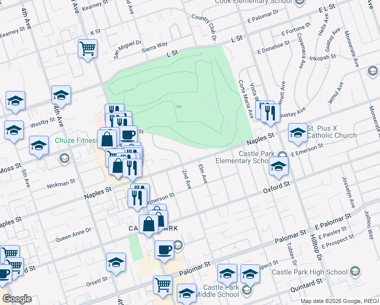 map of restaurants, bars, coffee shops, grocery stores, and more near 134 Moss Street in Chula Vista