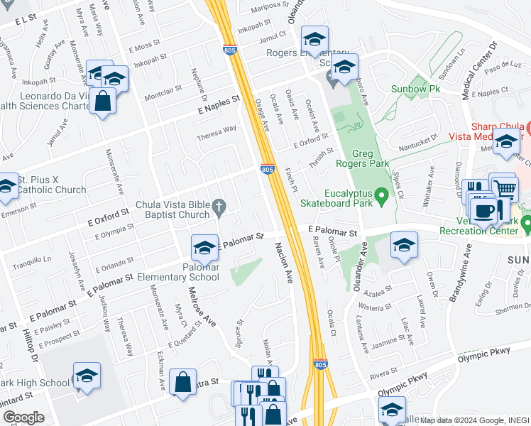map of restaurants, bars, coffee shops, grocery stores, and more near 1270 Nacion Avenue in Chula Vista