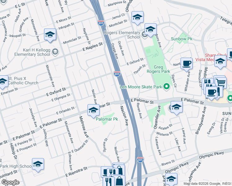map of restaurants, bars, coffee shops, grocery stores, and more near 1270 Nacion Avenue in Chula Vista