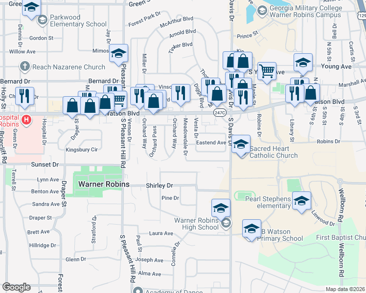map of restaurants, bars, coffee shops, grocery stores, and more near 125 Meadowdale Drive in Warner Robins