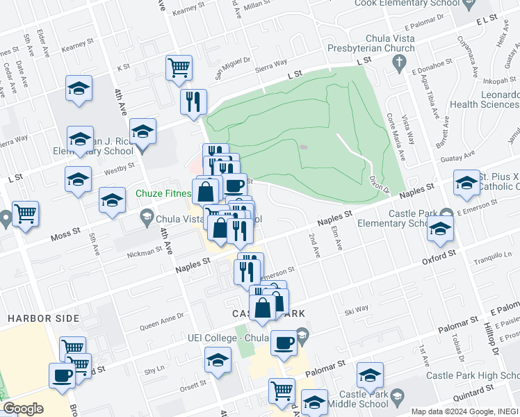 map of restaurants, bars, coffee shops, grocery stores, and more near 1051 Del Mar Avenue in Chula Vista