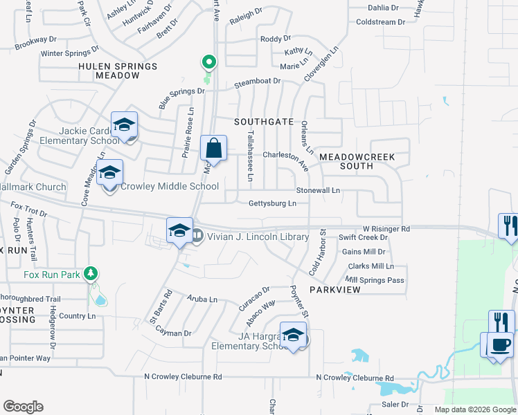 map of restaurants, bars, coffee shops, grocery stores, and more near 3200 Gettysburg Lane in Fort Worth