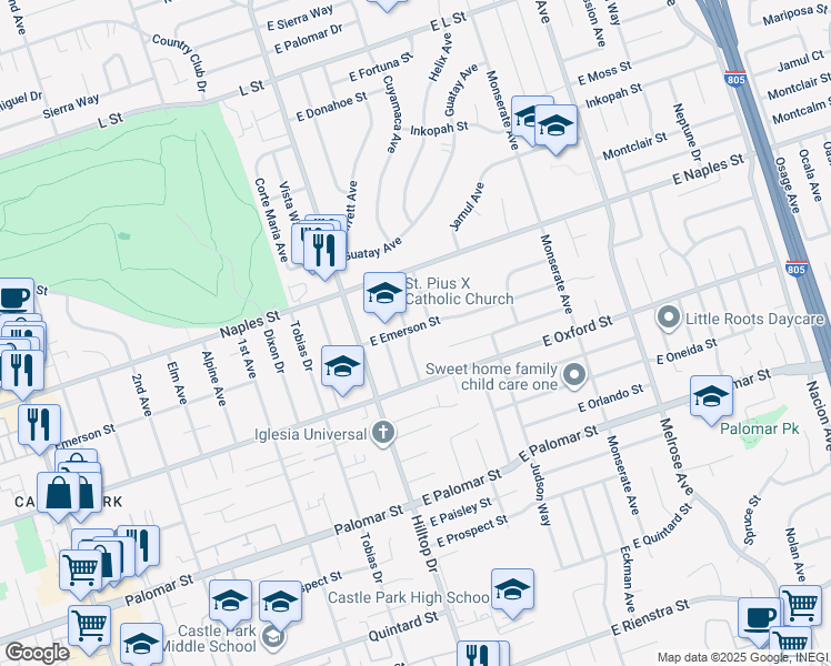 map of restaurants, bars, coffee shops, grocery stores, and more near 54 East Emerson Street in Chula Vista