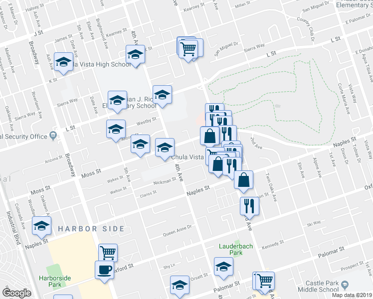 map of restaurants, bars, coffee shops, grocery stores, and more near 365 Moss Street in Chula Vista