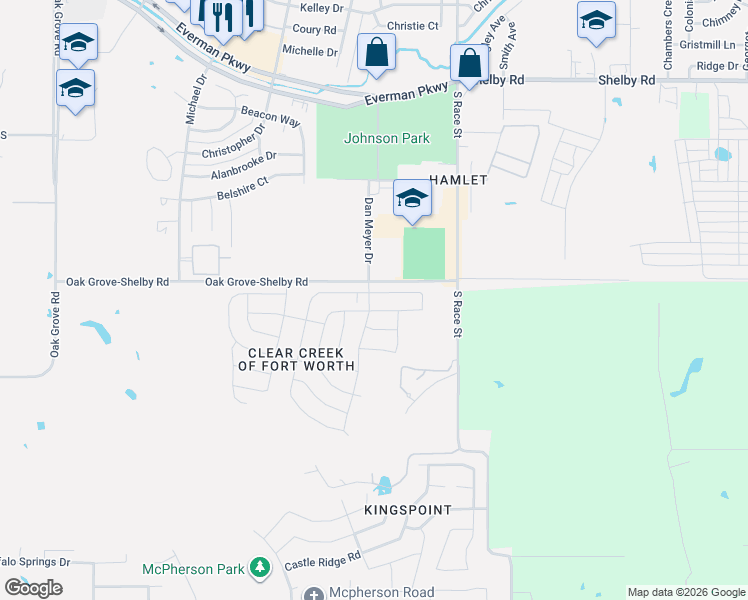 map of restaurants, bars, coffee shops, grocery stores, and more near 1980 Oak Grove-Shelby Road in Fort Worth