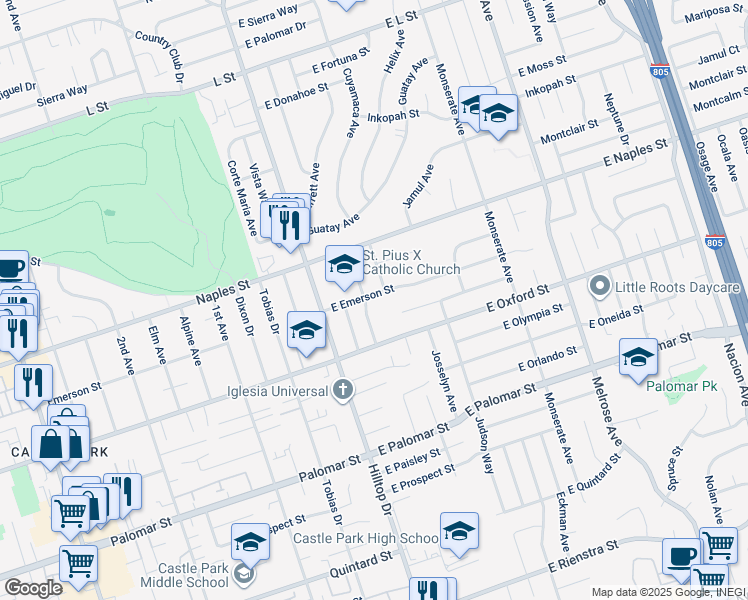 map of restaurants, bars, coffee shops, grocery stores, and more near 54 East Emerson Street in Chula Vista