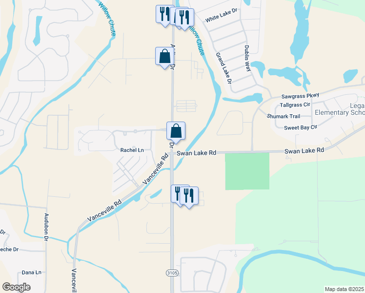 map of restaurants, bars, coffee shops, grocery stores, and more near 4830 Swan Lake Road in Bossier City