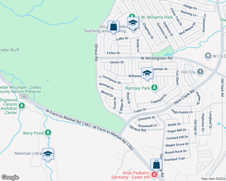 map of restaurants, bars, coffee shops, grocery stores, and more near 425 Kimmel Drive in Cedar Hill