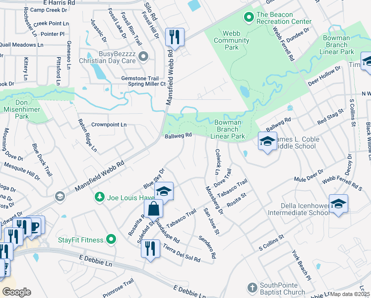 map of restaurants, bars, coffee shops, grocery stores, and more near 922 Blue Sky Drive in Arlington