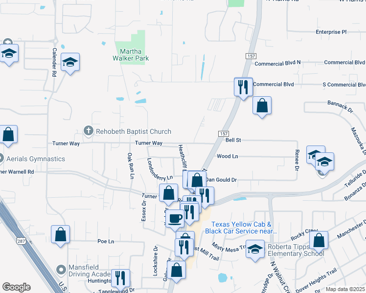 map of restaurants, bars, coffee shops, grocery stores, and more near 3506 Heathcliff Drive in Mansfield