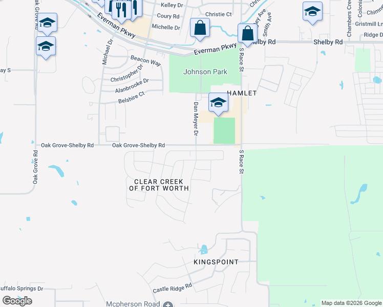 map of restaurants, bars, coffee shops, grocery stores, and more near 2066-2198 Oak Grove-Shelby Road in Everman