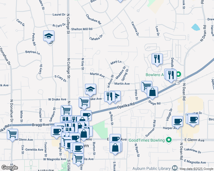 map of restaurants, bars, coffee shops, grocery stores, and more near 553 North Ross Street in Auburn