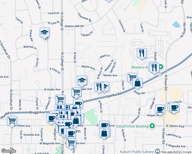 map of restaurants, bars, coffee shops, grocery stores, and more near 553 North Ross Street in Auburn