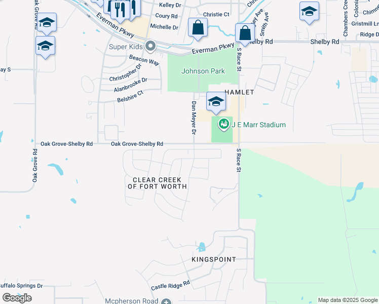 map of restaurants, bars, coffee shops, grocery stores, and more near 2066-2198 Oak Grove-Shelby Road in Everman
