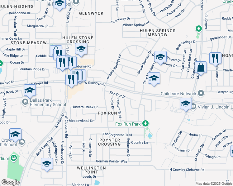 map of restaurants, bars, coffee shops, grocery stores, and more near 4008 Fox Trot Drive in Fort Worth