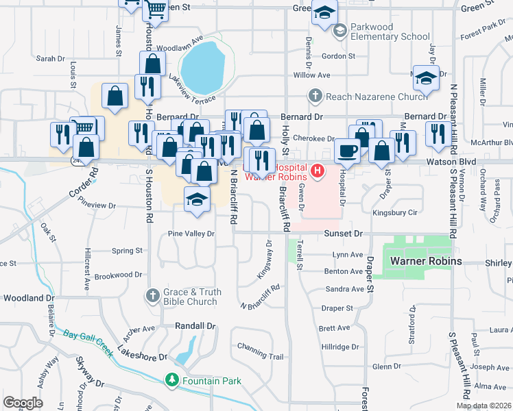 map of restaurants, bars, coffee shops, grocery stores, and more near 107 Springdale Road in Warner Robins