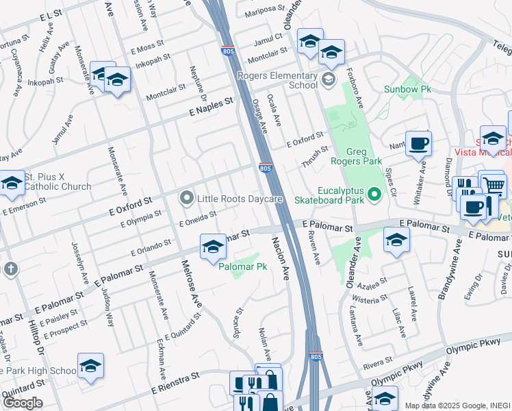 map of restaurants, bars, coffee shops, grocery stores, and more near 1255 Pecan Place in Chula Vista