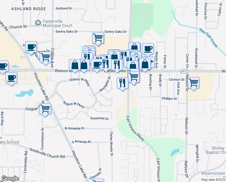 map of restaurants, bars, coffee shops, grocery stores, and more near 121 Westbury Court in Warner Robins