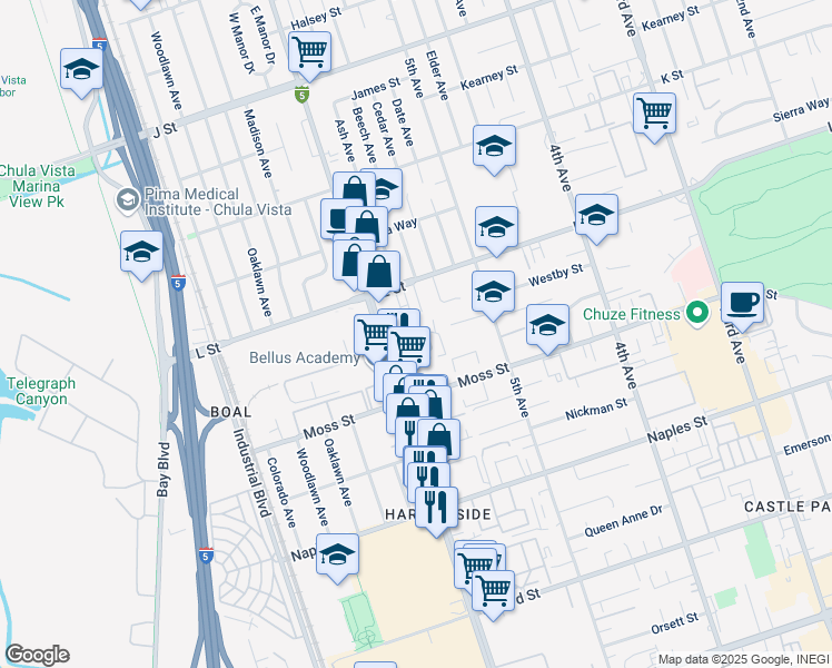 map of restaurants, bars, coffee shops, grocery stores, and more near 581 Arizona Street in Chula Vista