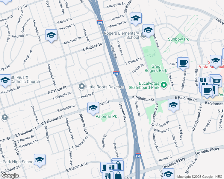 map of restaurants, bars, coffee shops, grocery stores, and more near 1255 Pecan Place in Chula Vista