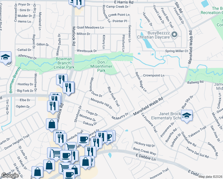 map of restaurants, bars, coffee shops, grocery stores, and more near 7939 Blue Duck Trail in Arlington