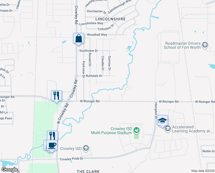 map of restaurants, bars, coffee shops, grocery stores, and more near 1670 West Risinger Road in Fort Worth