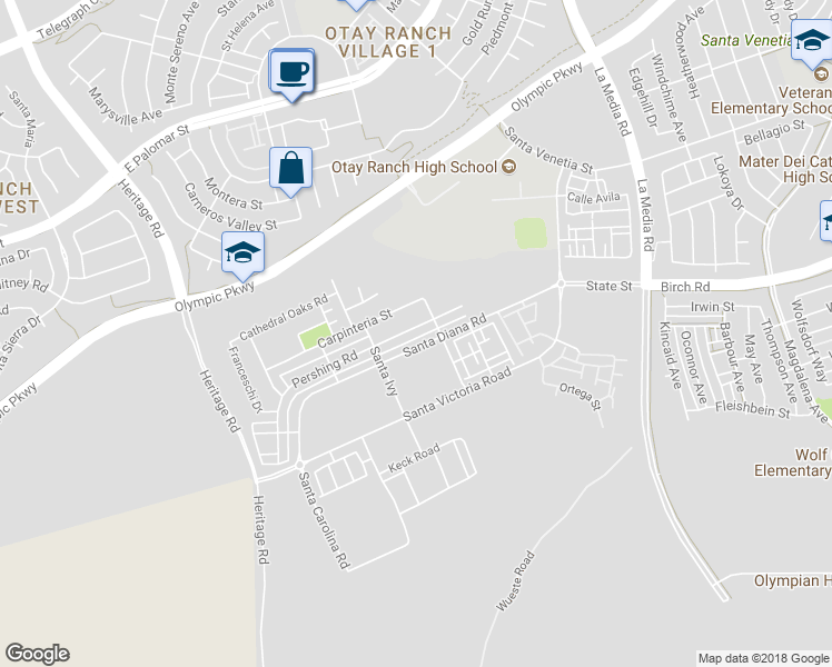 map of restaurants, bars, coffee shops, grocery stores, and more near 1418 Pershing Road in Chula Vista