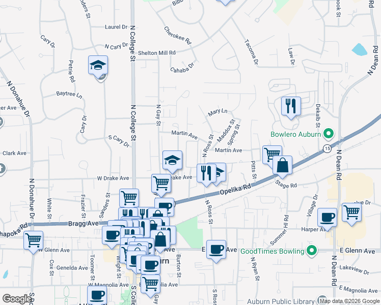 map of restaurants, bars, coffee shops, grocery stores, and more near 560 Perry Street in Auburn