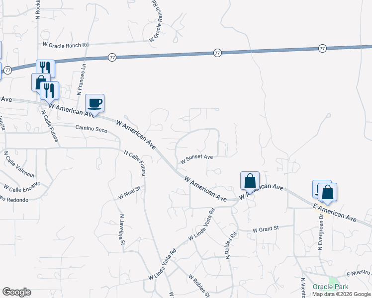 map of restaurants, bars, coffee shops, grocery stores, and more near 845 West Rito Circle in Oracle