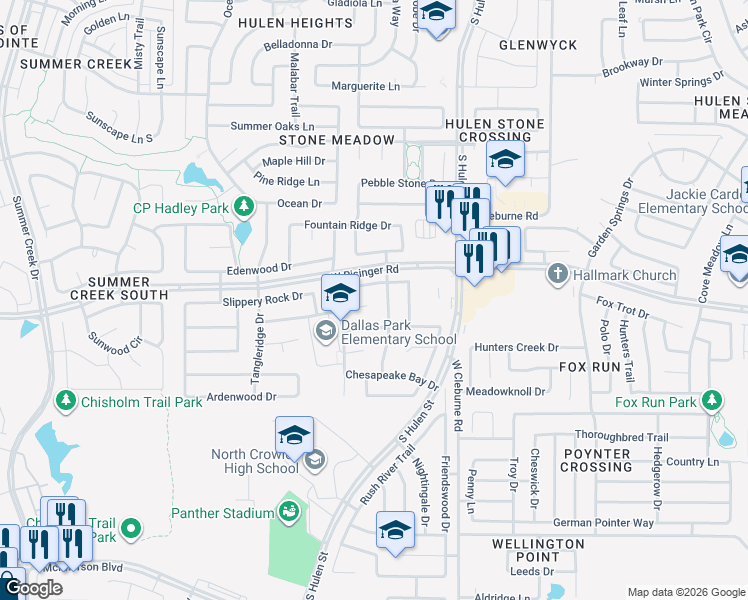 map of restaurants, bars, coffee shops, grocery stores, and more near 4500 Pine Grove Ln in Fort Worth