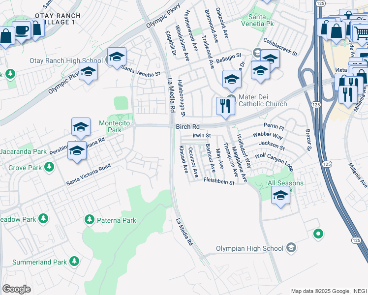 map of restaurants, bars, coffee shops, grocery stores, and more near 1674 Kincaid Avenue in Chula Vista