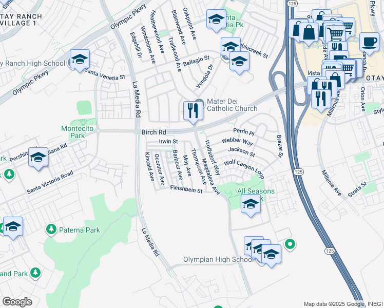 map of restaurants, bars, coffee shops, grocery stores, and more near 1668 Thompson Avenue in Chula Vista