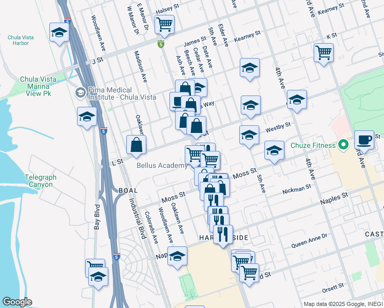 map of restaurants, bars, coffee shops, grocery stores, and more near 44 Broadway in Chula Vista