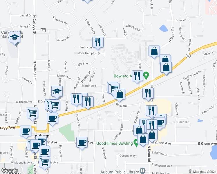 map of restaurants, bars, coffee shops, grocery stores, and more near 560 Lincoln Street in Auburn