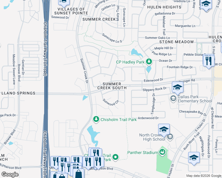 map of restaurants, bars, coffee shops, grocery stores, and more near 5028 Breezewind Lane in Fort Worth