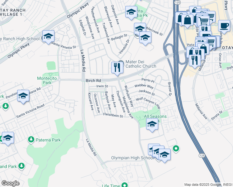 map of restaurants, bars, coffee shops, grocery stores, and more near 1668 Thompson Avenue in Chula Vista