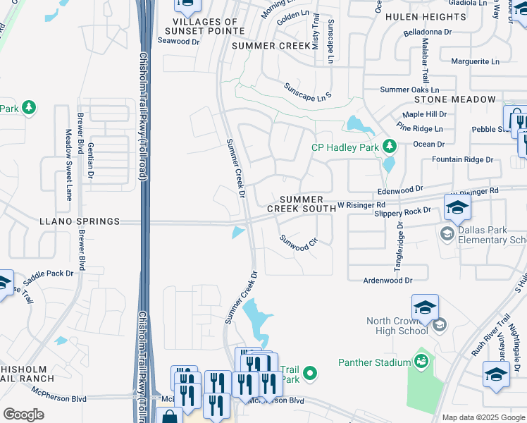 map of restaurants, bars, coffee shops, grocery stores, and more near 5217 Cedar Brush Drive in Fort Worth