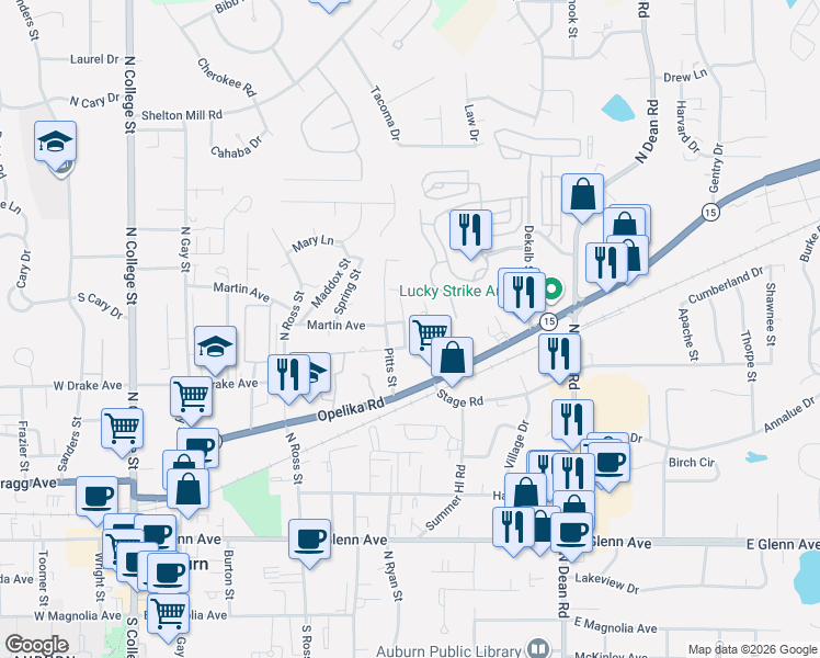map of restaurants, bars, coffee shops, grocery stores, and more near 562 Pitts Street in Auburn