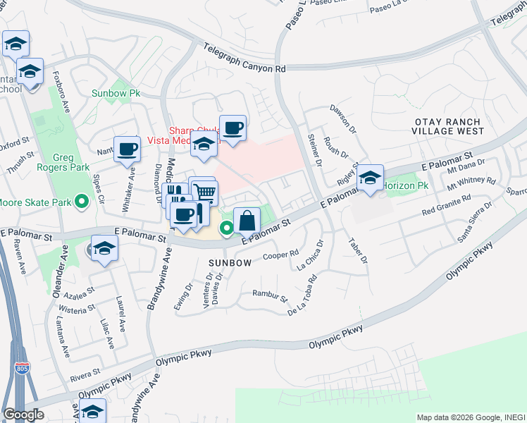 map of restaurants, bars, coffee shops, grocery stores, and more near 792 Medical Center Court in Chula Vista