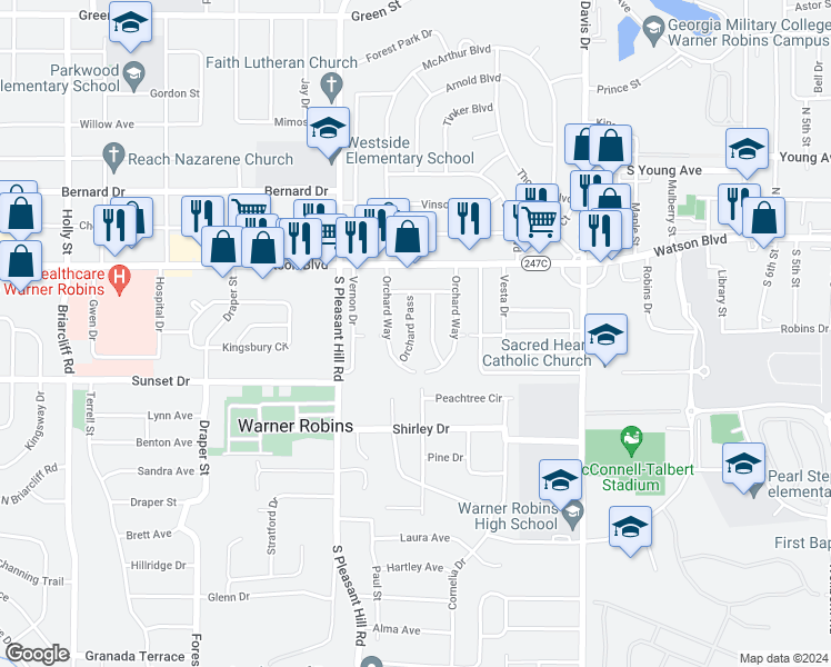map of restaurants, bars, coffee shops, grocery stores, and more near 134 Orchard Pass in Warner Robins