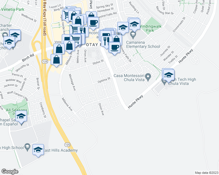 map of restaurants, bars, coffee shops, grocery stores, and more near Eastlake Parkway in Chula Vista