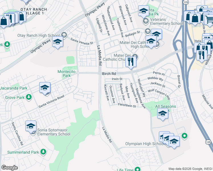 map of restaurants, bars, coffee shops, grocery stores, and more near 1674 Kincaid Avenue in Chula Vista