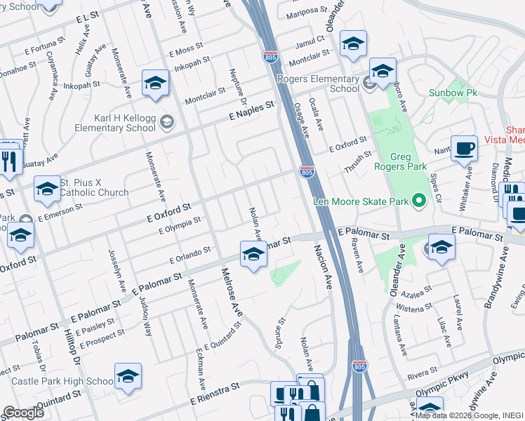 map of restaurants, bars, coffee shops, grocery stores, and more near 1230 Napa Avenue in Chula Vista