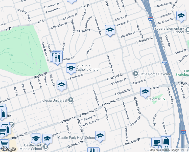 map of restaurants, bars, coffee shops, grocery stores, and more near 99 East Queen Ann Drive in Chula Vista